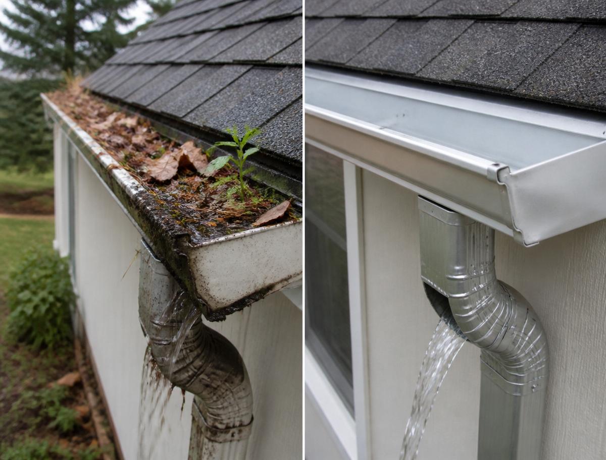 Before and after gutter cleaning comparison